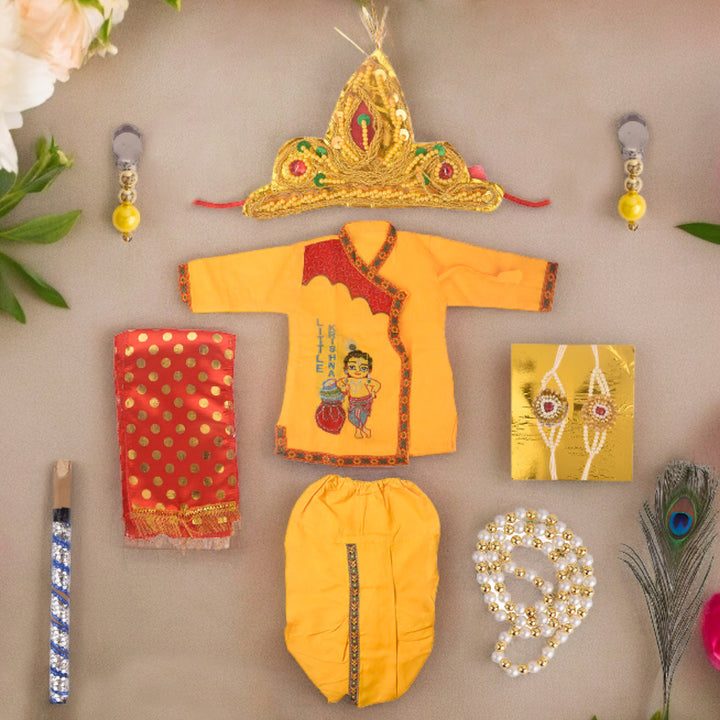 Kids' Krishna outfit featuring a yellow kurta and white dhoti, paired with traditional jewelry and shringar set, perfect for Janmashtami celebrations and festive occasions. India’s Largest Pooja Accessories Brand – www.satvikstore.in