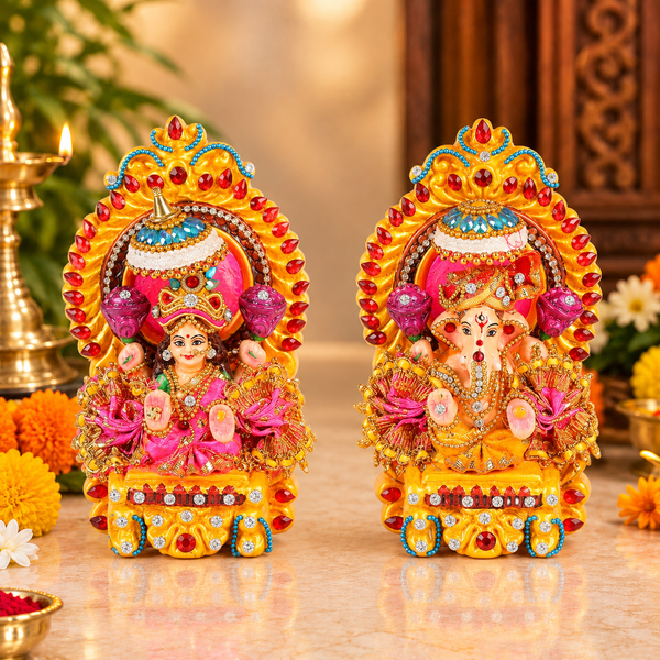 Decorated Clay Lakshmi Ganesh Idol with Stone Work Dress