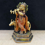 6.9 Inch Lovely Krishna with Cow Brass Idol – Beautifully Handcrafted Statue of Lord Krishna Playing Flute Beside a Cow, Symbolizing Love, Harmony, and Divine Grace for Home Temple and Decor. No.1 Brass Idol Store www.satvikstore.in 