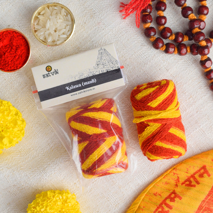 Pure Cotton Kalawa Thread (Mauli) is a sacred thread used in various Hindu rituals and poojas. It is tied on the wrist during ceremonies for protection, blessings, and spiritual connection – India’s Largest Pooja Accessories Brand – www.satvikstore.in