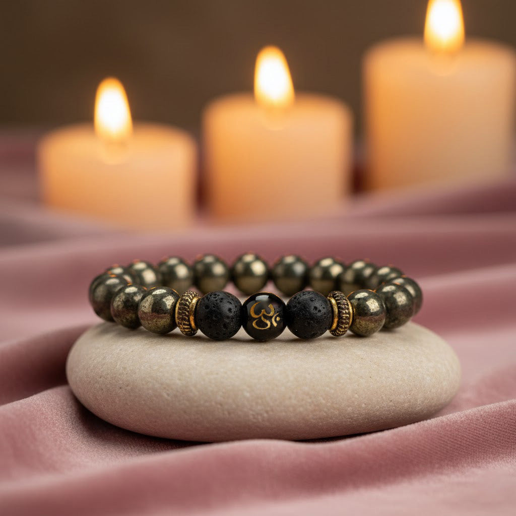 7 Horses Pyrite Frame & Pyrite Lava Om Bracelet Combo