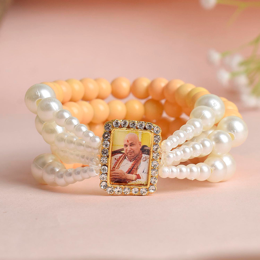 Pastel Yellow & White Pearl Four Layer Guruji Swaroop Bracelet featuring soft pastel yellow beads and luminous white pearls with Jai Guruji Swaroop – perfect for spiritual wear, festive gifting, and daily devotion. India’s Largest Pooja Accessories Brand – www.satvikstore.in