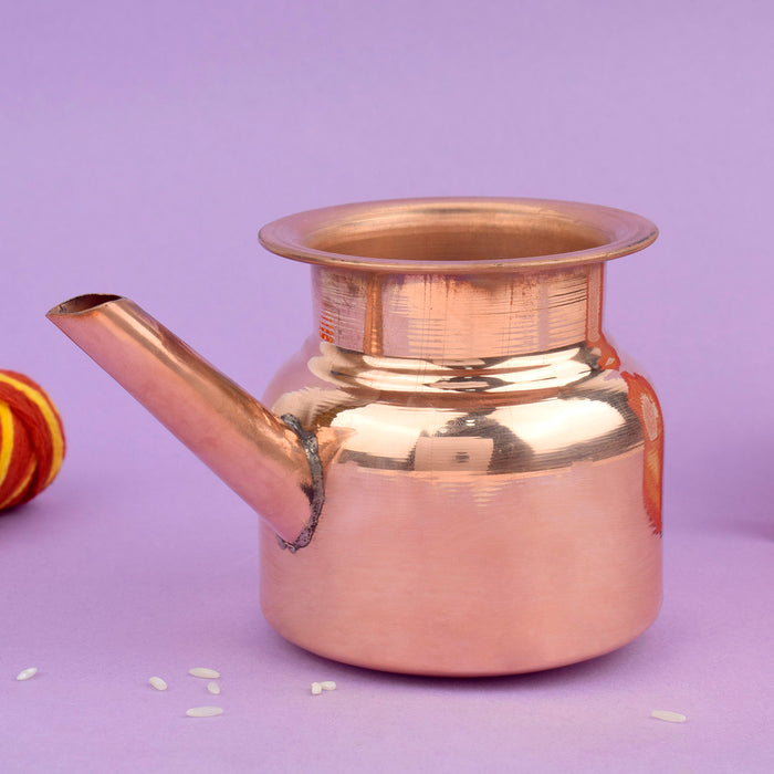 Pure Copper Kalash with Spout (Lota) for Pooja and Rituals, traditional tamra lota used for temple offerings, havan, and daily worship.India’s Largest Pooja Accessories Brand – www.satvikstore.in