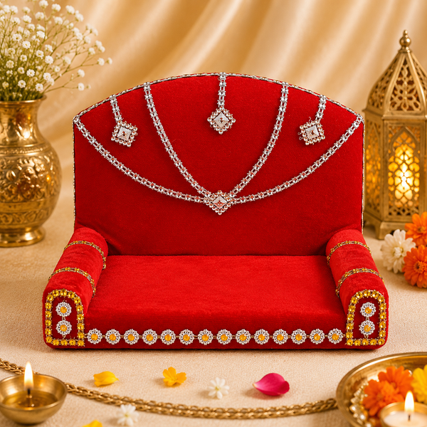 Royal Throne – Red Velvet Laddu Gopal Singhasan with Silver Detailing
