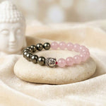 Rose quartz and golden pyrite healing stone bracelet with pink and metallic gold 8mm beads. India’s Largest Pooja Accessories Brand - www.satvikstore.in