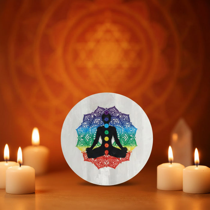 Round 7 chakra selenite charging plate for crystal cleansing and chakra balance. India’s Largest Puja Accessories Brand- www.satvikstore.in