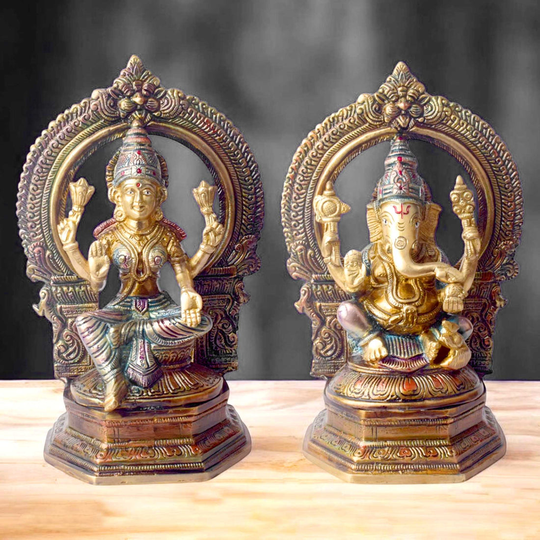 9.4 Inch Elegant Handcrafted Brass Lakshmi Ganesha Idol