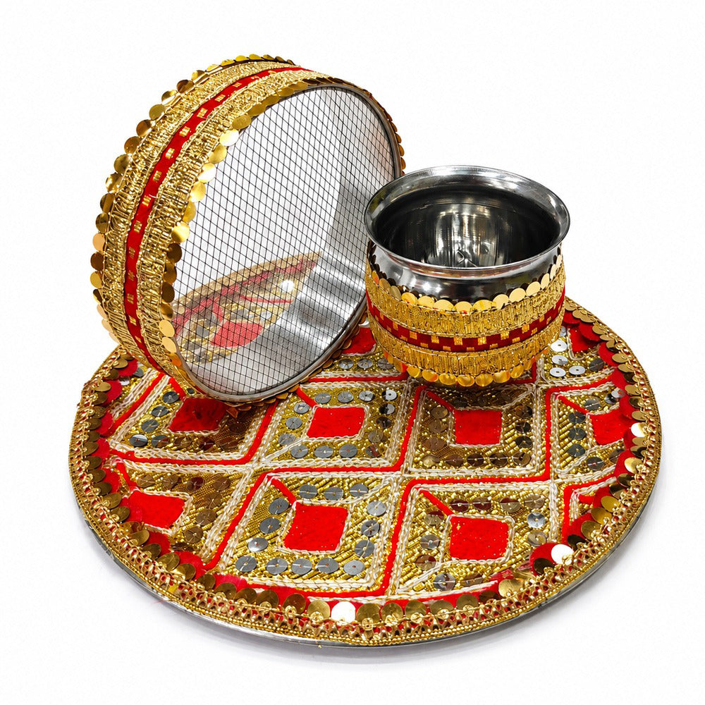 Glowing Reverence Karwa Chauth Thali Set - 3pc