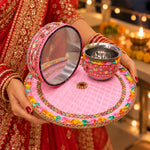 Artisanal Pink Fabric Karwa Chauth Thali 3 Pcs Set