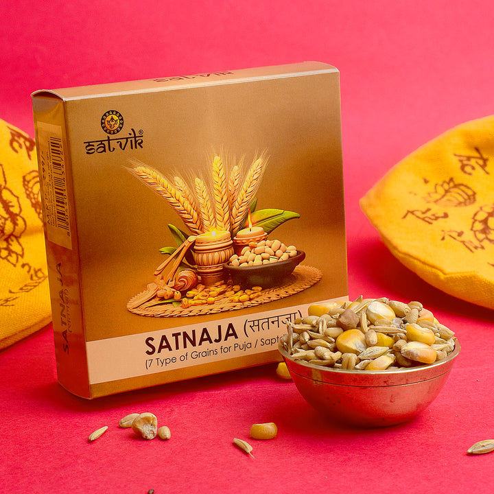 Satnaja 7 Anaj Puja Sapta Dhanya for Havan Samagri and Puja Rituals, a blend of seven sacred grains used in spiritual rituals, offering blessings, prosperity, and purification during pooja ceremonies – India’s Largest Pooja Accessories Brand – www.satvikstore.in