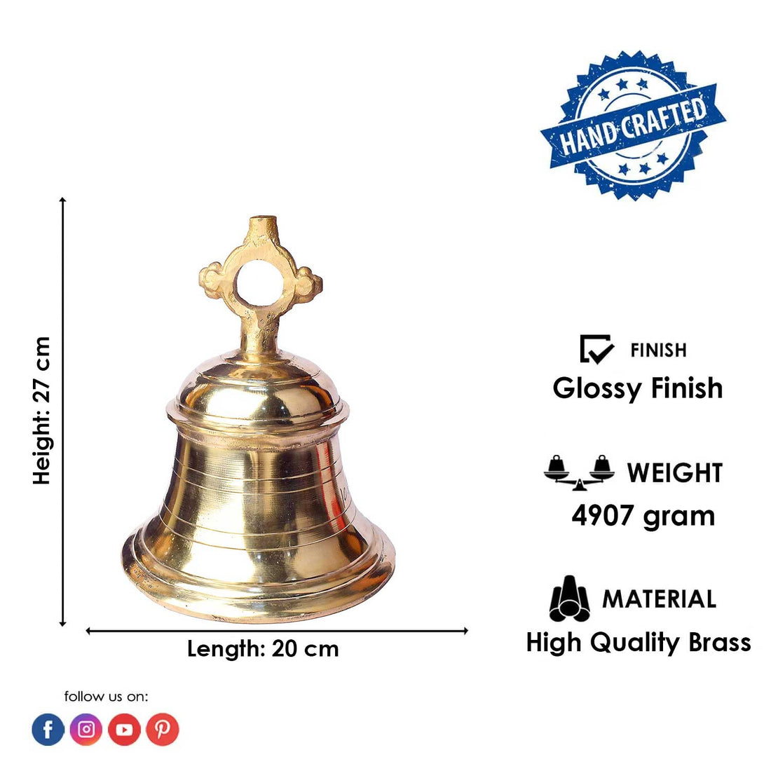 10.6 Inch Handcrafted Brass Ghanta for Temple