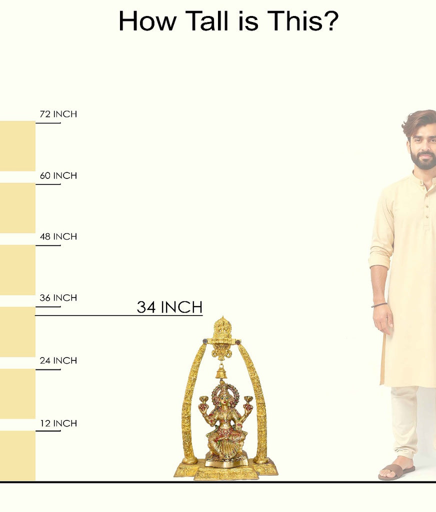 Handcrafted Brass Goddess Lakshmi Idol with Bell Arch | Glossy Finish Temple Decor | Premium Brass Laxmi Murti for Home and Mandir | Best for VIP Gift, Big Premium Gift & Temple Installations | Beautiful Multicolor Detailing | Ideal for Puja, Festival & Auspicious Gifting | Satvikstore.in Exclusive