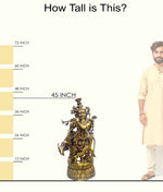Handcrafted large brass statue of Lord Krishna playing the flute, standing with a cow, glossy finish, weight 70000 grams (70 kg), height 115 cm (approximately 45.28 inches), length 60 cm (approximately 23.62 inches). Best for VIP Gift, best for big premium gift, best for your temple. India's Large Puja Accessories Brand - Satvikstore.in