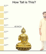 Handcrafted large brass statue of Buddha seated in a teaching pose (Dharmachakra Mudra) on a lotus pedestal, glossy finish, weight 86000 grams, height 115 cm, length 81 cm. Best for VIP Gift, best for big premium gift, best for your meditation space, symbol of peace and enlightenment. India's Large Puja Accessories Brand - Satvikstore.inHandcrafted large brass statue of Buddha seated in a teaching pose (Dharmachakra Mudra) on a lotus pedestal, glossy finish, weight 86000 grams, height 115 cm, length 81 cm. 