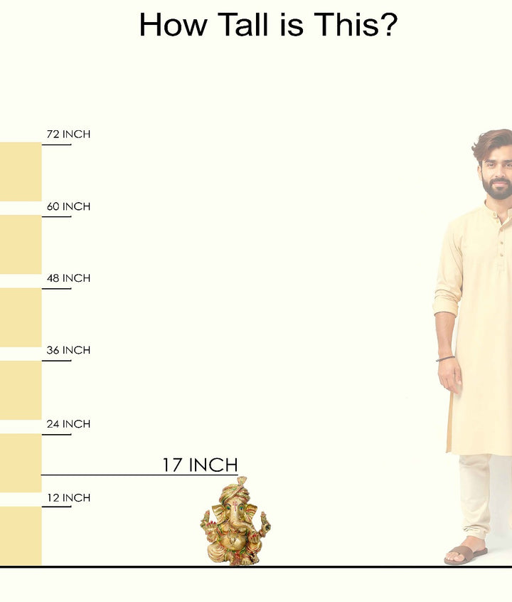Temple size brass Ganesha idol with glossy finish – 44 cm (17 inches) height, 41 cm (16 inches) length, and 18400 grams (18.4 kg) weight. This handcrafted temple size murti is made from high-quality brass, perfect for home temples, puja, and gifting. Buy premium temple size statues from India's Large Puja Accessories Brand - Satvikstore.in.