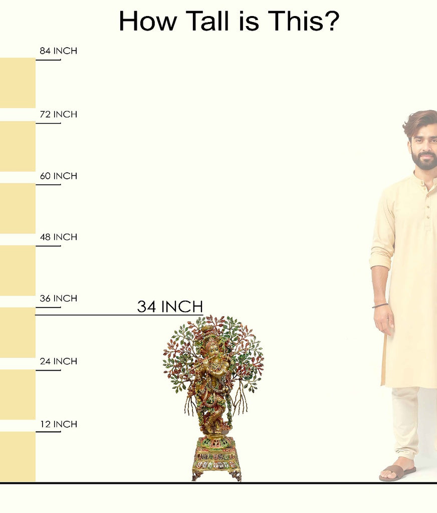 Handcrafted large brass statue of Lord Krishna playing the flute under the Kalpavriksha tree, glossy finish, weight 29150 grams, height 87 cm, length 57 cm. Best for VIP Gift, best for big premium gift, best for your temple. India's Large Puja Accessories Brand - Satvikstore.in