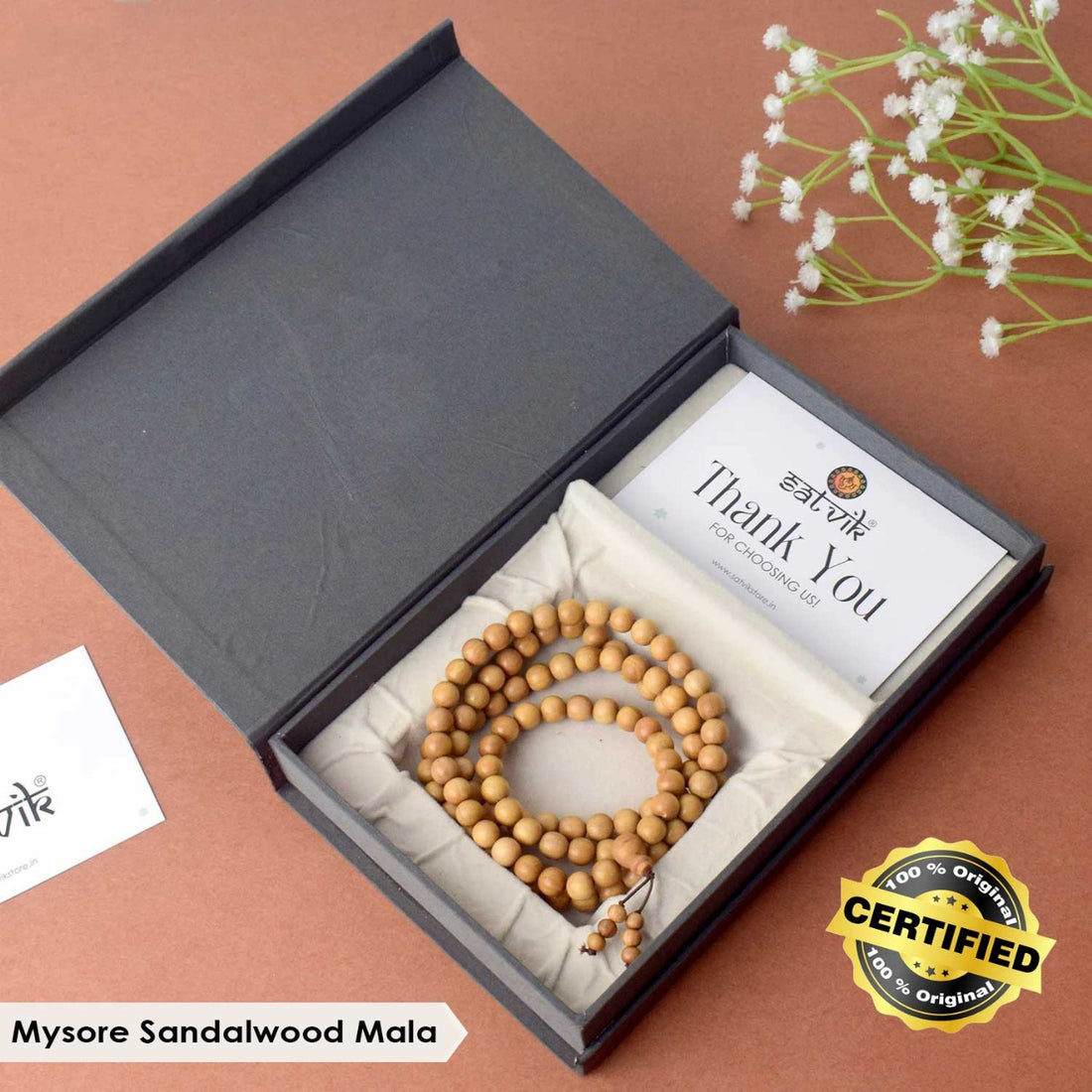 Certified 6mm 100% Original Authentic Mysore White Sandalwood (Chandan) Jap Mala