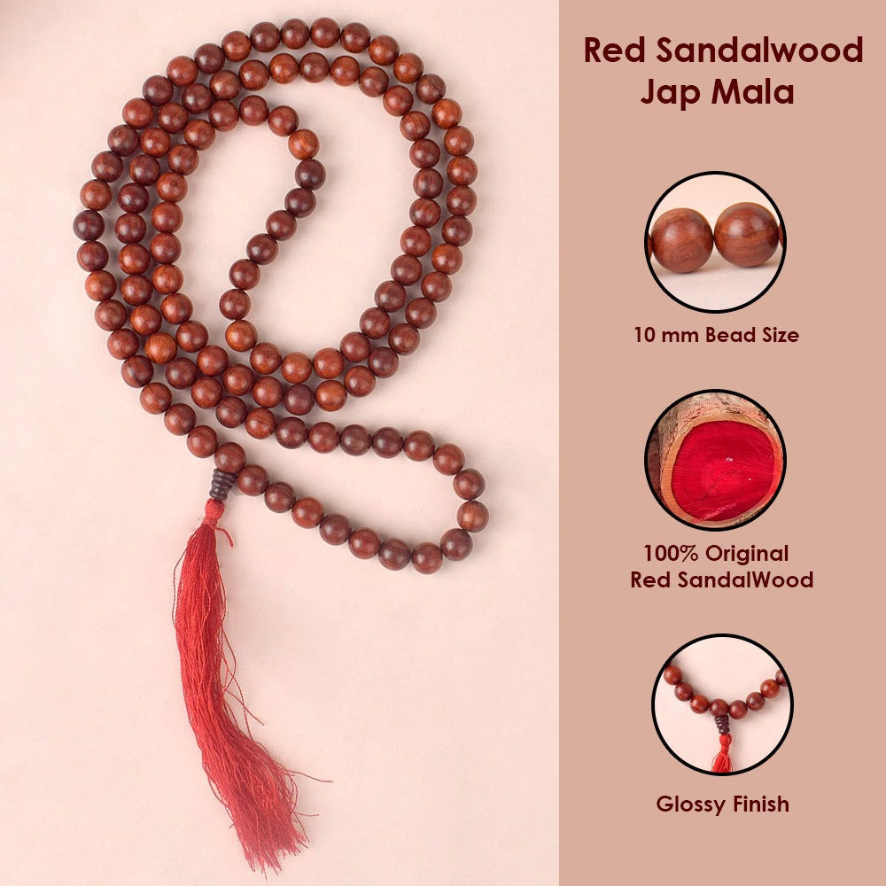 Certified 10mm 100% Original Authentic Pure Red Sandalwood Jap Mala (Andhra Pradesh)