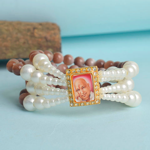Wine & White Pearl Four Layer Guruji Swaroop Bracelet featuring luxurious wine-colored beads and luminous white pearls with Jai Guruji Swaroop – perfect for spiritual wear, festive gifting, and daily devotion. India’s Largest Pooja Accessories Brand – www.satvikstore.in