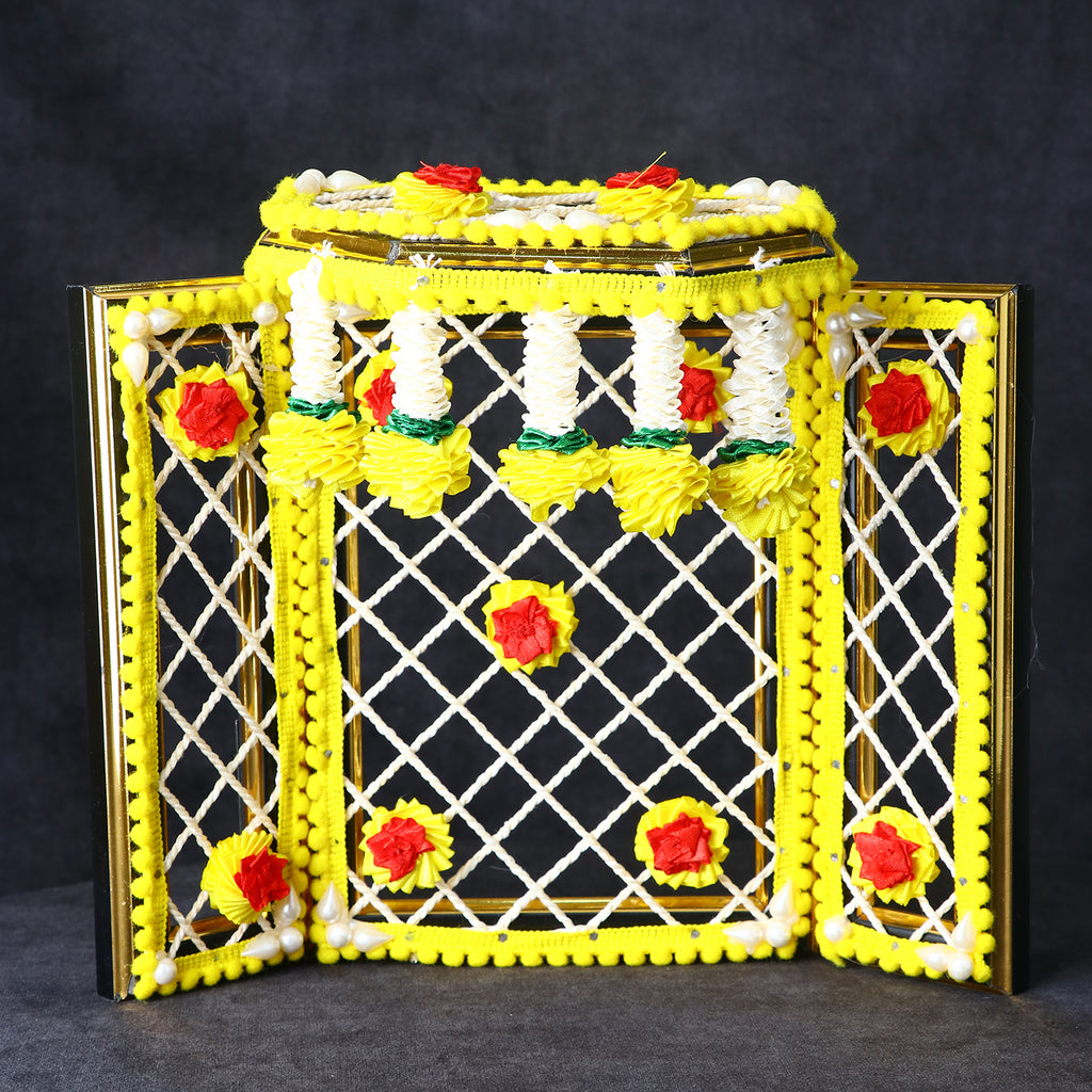 8 Inch Yellow Magnificent Ganesha Phool Bangla adorned with vibrant floral design, ideal for Ganpati home decor and festive mandap setup. India’s Largest Pooja Accessories Brand – www.satvikstore.in