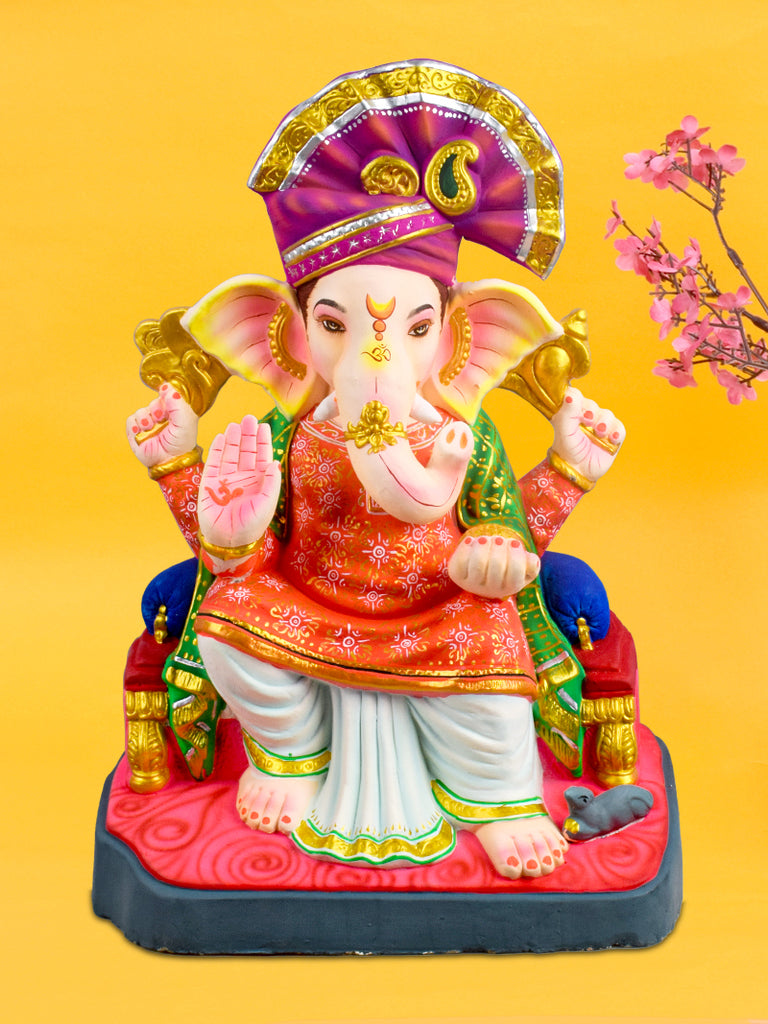 26-inch eco-friendly Lal Bagh Ke Raja Ganpati idol adorned with traditional pagdi, handcrafted from natural clay for a grand and sustainable Ganesh Chaturthi celebration. India’s Largest Pooja Accessories Brand – www.satvikstore.in