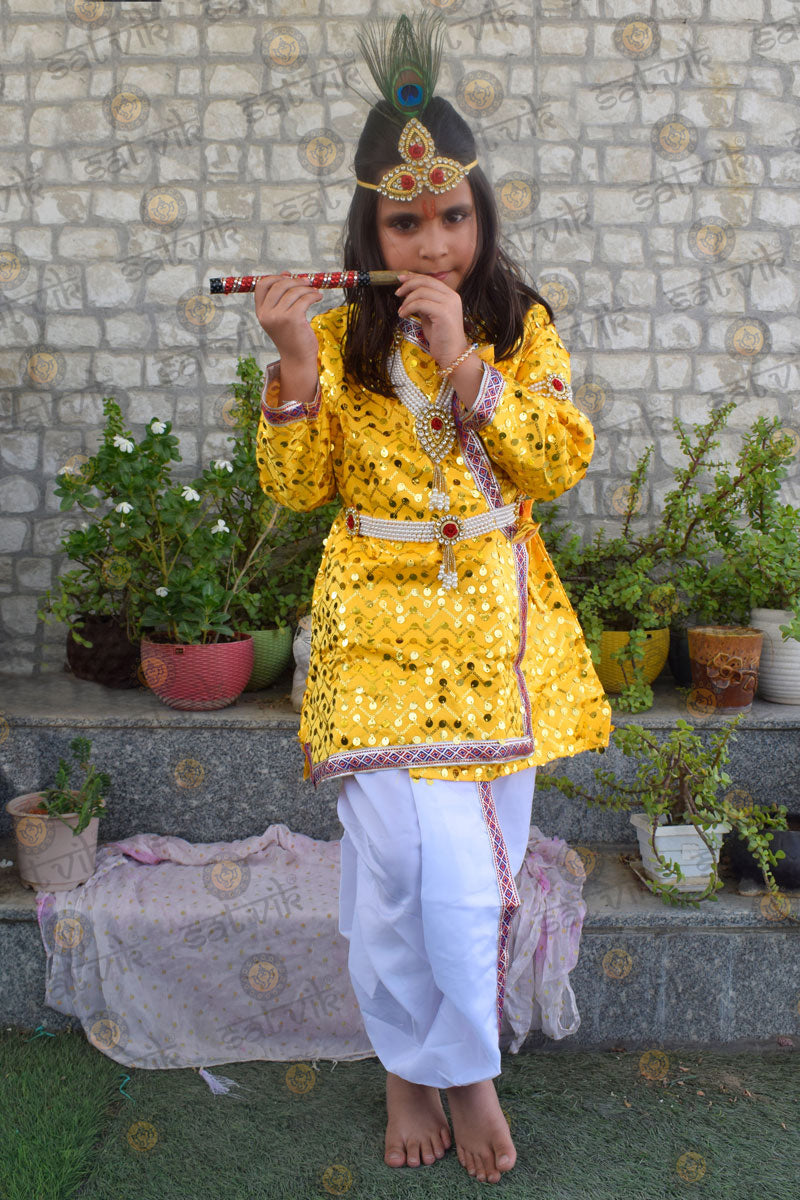 Krishna costume for kids with yellow sequin kurti and white dhoti – India’s Largest Pooja Accessories Brand – www.satvikstore.in/www.satvikworld.com
