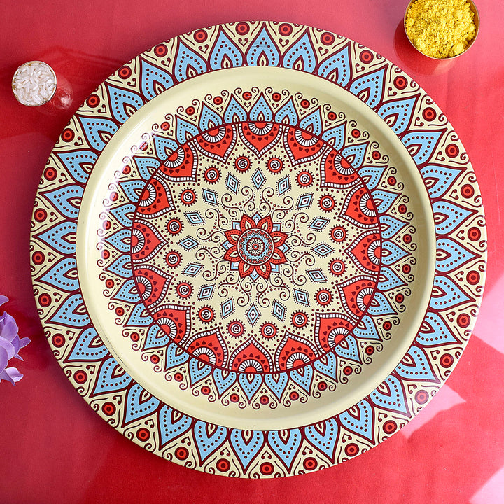 Beautifully crafted decorative puja thali with intricate mandala design in the center, ideal for aarti, pooja rituals, and festive ceremonies India’s Largest Pooja Accessories Brand – www.satvikstore.in