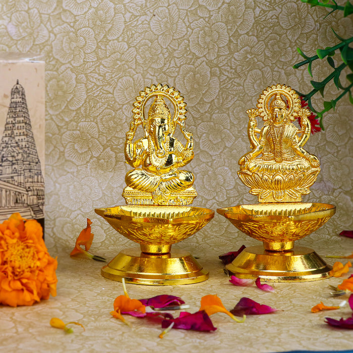 2 Pc Laxmi Ganesha Pair Metal Diya – A beautifully designed pair of metal diyas featuring Goddess Lakshmi and Lord Ganesha, ideal for spiritual rituals and enhancing home decor. India’s Largest Pooja Accessories Brand – www.satvikstore.in