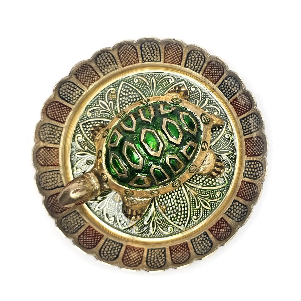 Brass Colored Turtle with Nakashi Plate/Tray Puja Store Online Pooja Items Online Puja Samagri Pooja Store near me www.satvikstore.in