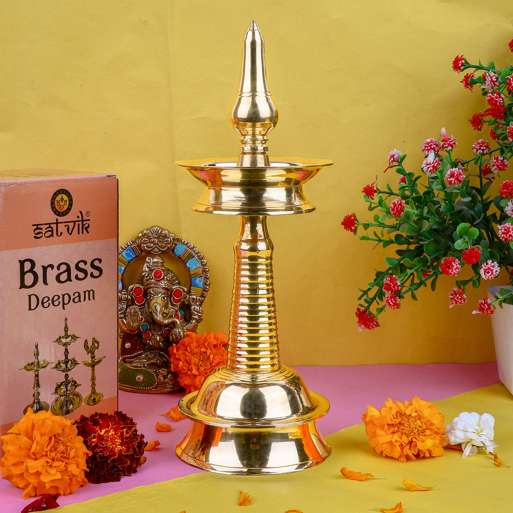 9 Inch Small Brass Kerala Diya – AKP NilaVilakku Deepam – Traditional handcrafted brass oil lamp for Indian pooja rituals and decor. India’s Largest Pooja Accessories Brand – www.satvikstore.in