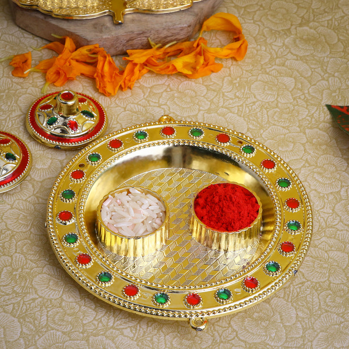 Attractive round Roli Akshat platter, elegantly crafted circular tray used for holding roli and akshat during pooja, tilak, and festive ceremonies. 
India’s Largest Pooja Accessories Brand – www.satvikstore.in 