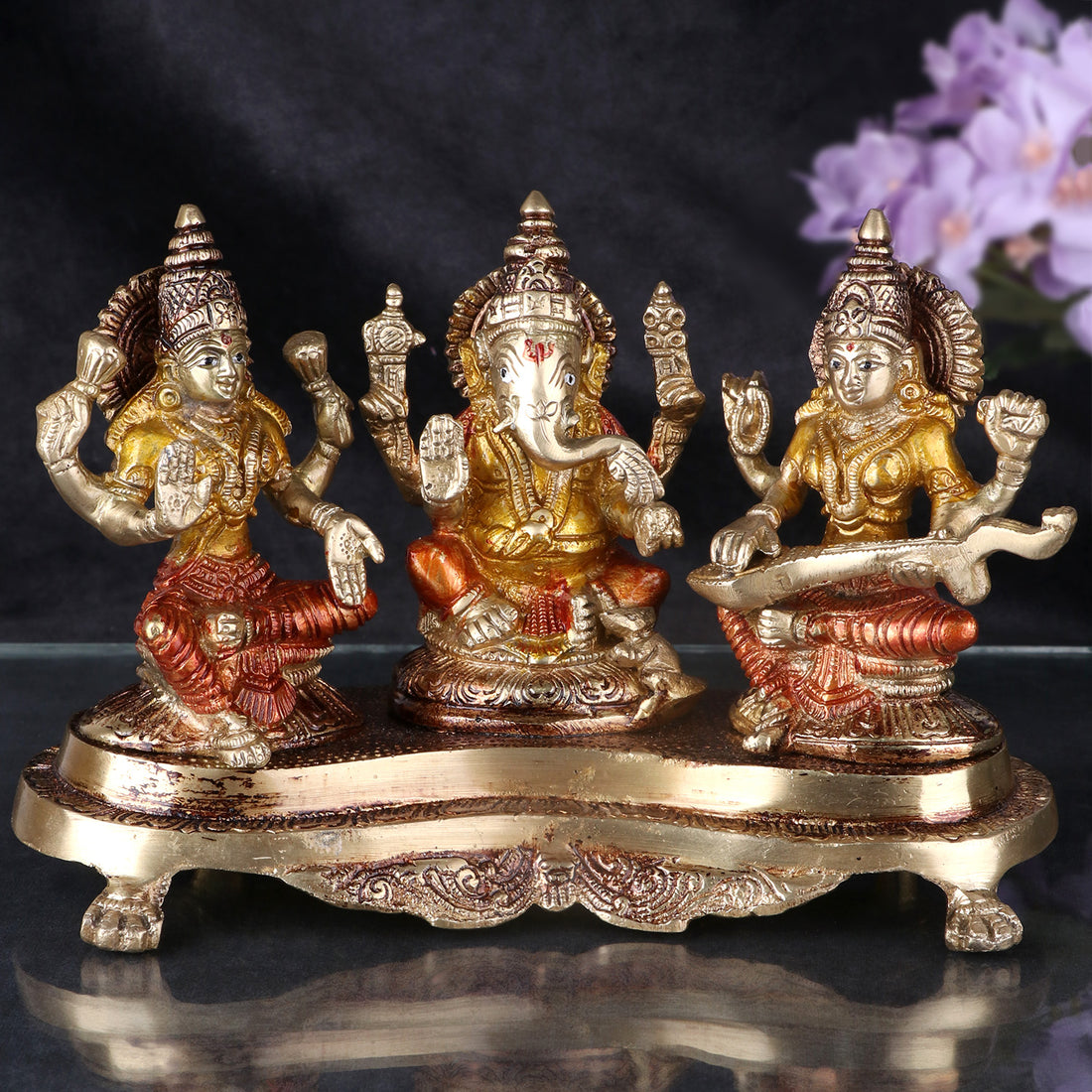 4.7 Inch Brass Lakshmi Ganesh With Saraswati Idol