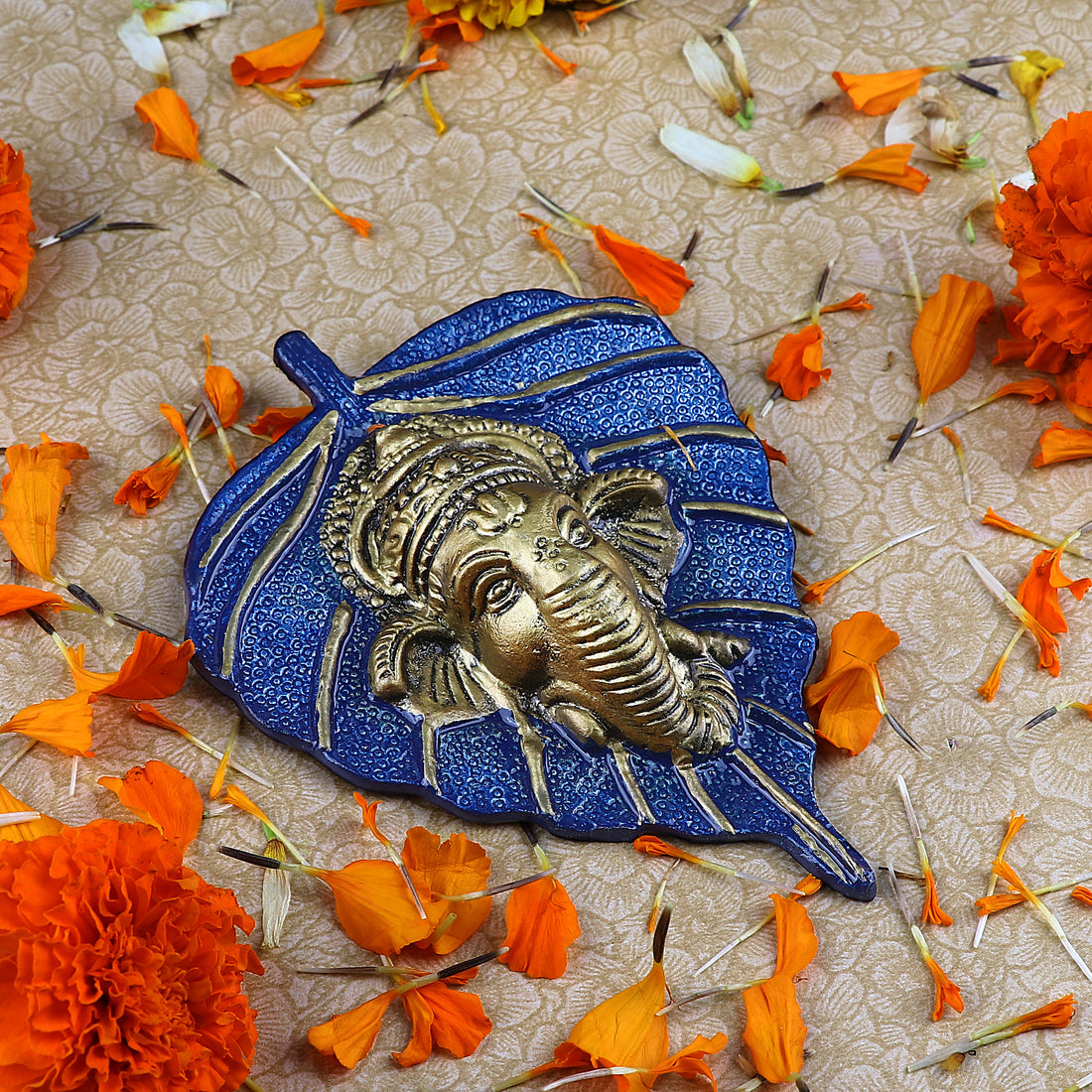 1 Pc Lord Ganesh Face on Leaf Patta Wall Hanging Yellow