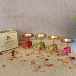 Spectacular Assorted Metal Elephant with Diya Showpiece Set of 4