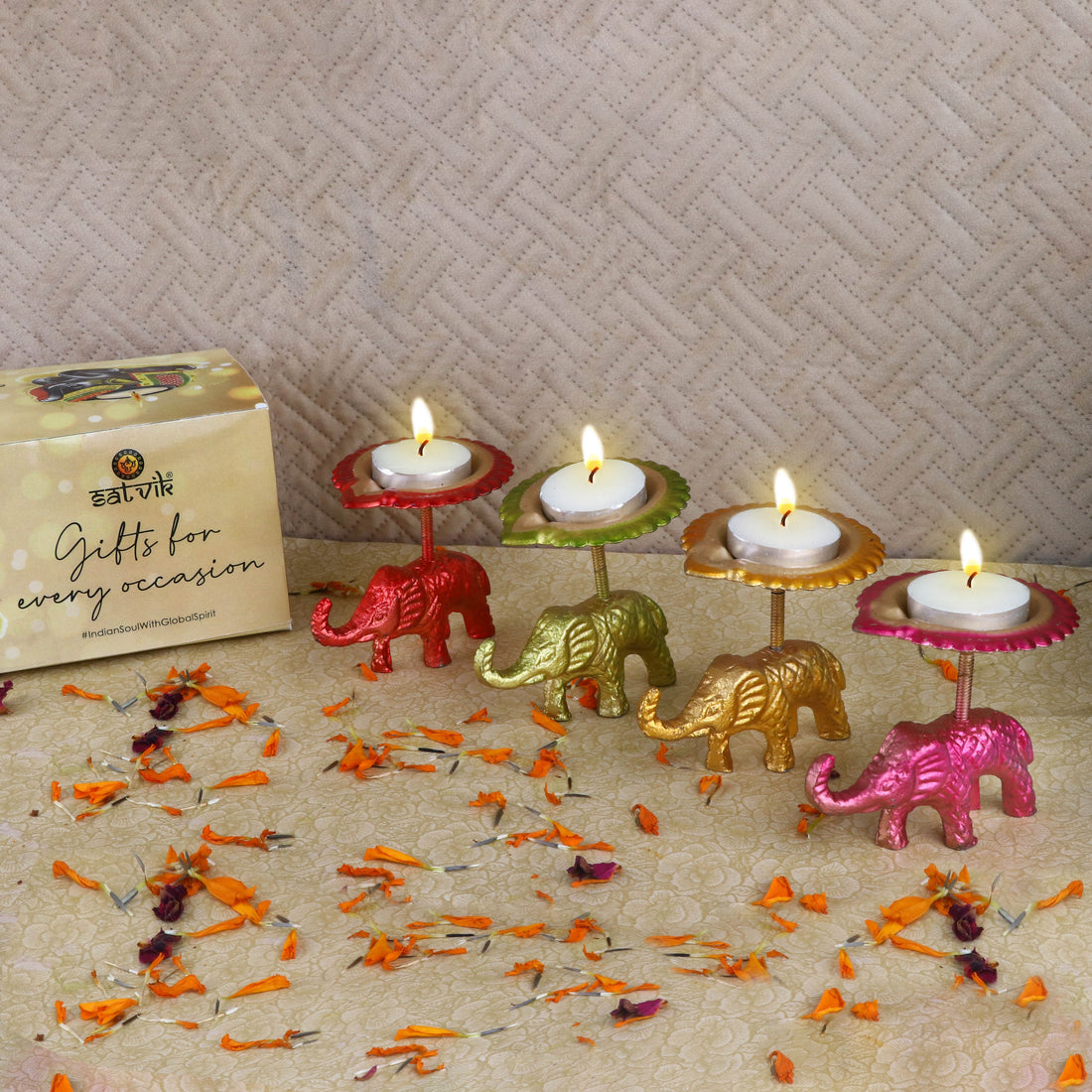 Spectacular Assorted Metal Elephant with Diya Showpiece Set of 4