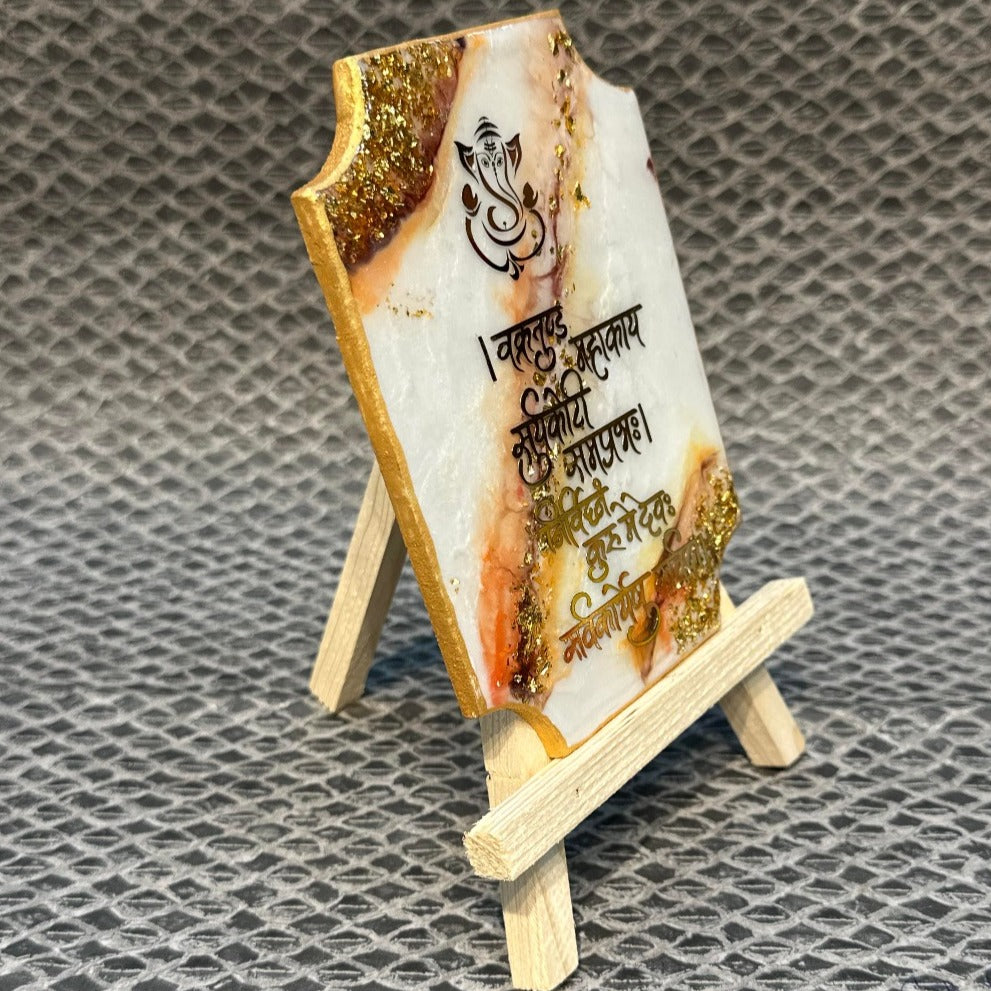 Decorative Ganesha Mantra Frame With Stand Made With Epoxy (White)