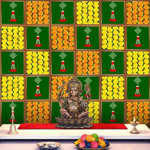 Printed backdrop cloth featuring a vibrant Genda Phool (marigold flower) design, ideal for pooja setups, festive home decoration, and traditional Indian ceremonies. India’s Largest Pooja Accessories Brand – www.satvikstore.in
