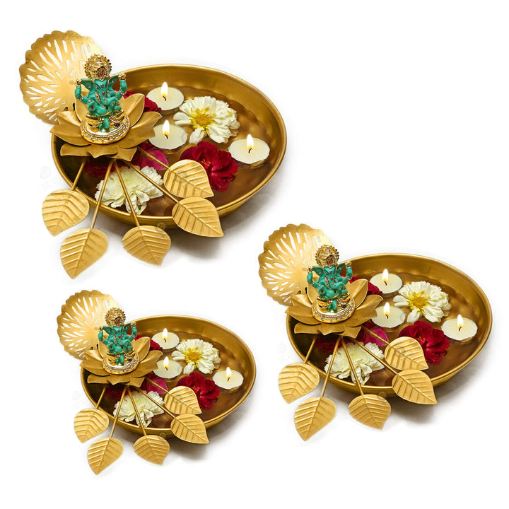 Eden Floral Metal Lotus Leaf Designer Urli 3 Pc Set Puja Store Online Pooja Items Online Puja Samagri Pooja Store near me www.satvikstore.in