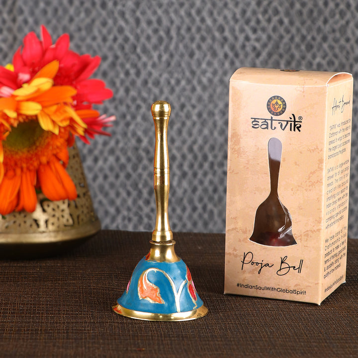 Stunning floral brass pooja bell with intricate flower engravings, ideal for daily worship, rituals, and temple use. India’s Largest Pooja Accessories Brand – www.satvikstore.in