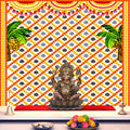 White backdrop cloth with elegant printed floral design, perfect for pooja decoration, home mandir, or festive backgrounds. India’s Largest Pooja Accessories Brand – www.satvikstore.in